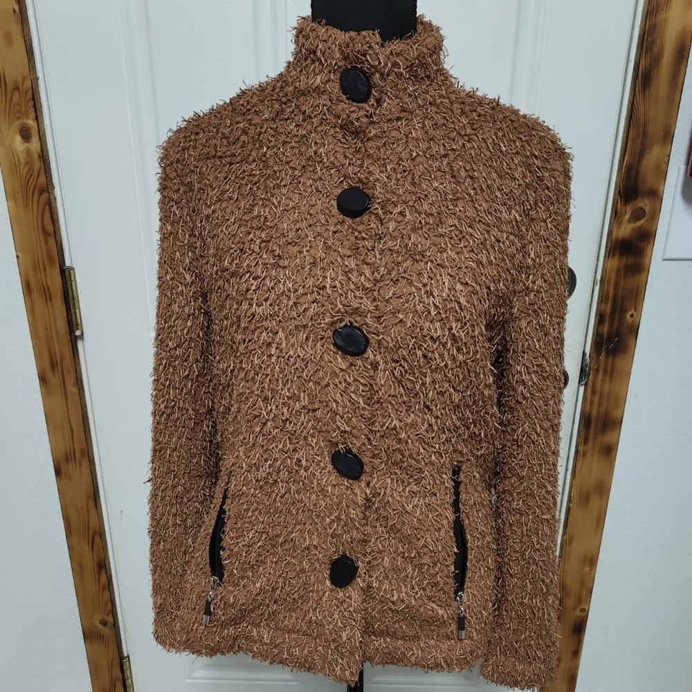 JAMIE SADOCK Sz S Brown Art-to-Wear Long Hair Furry Sweater Jacket Button Coat